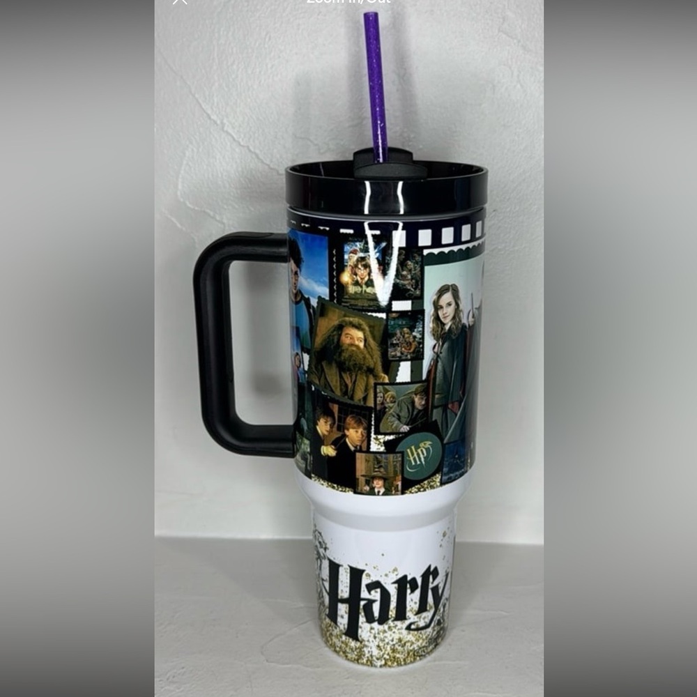 Happy Potter tumbler cup with lid and sparkly purple straw